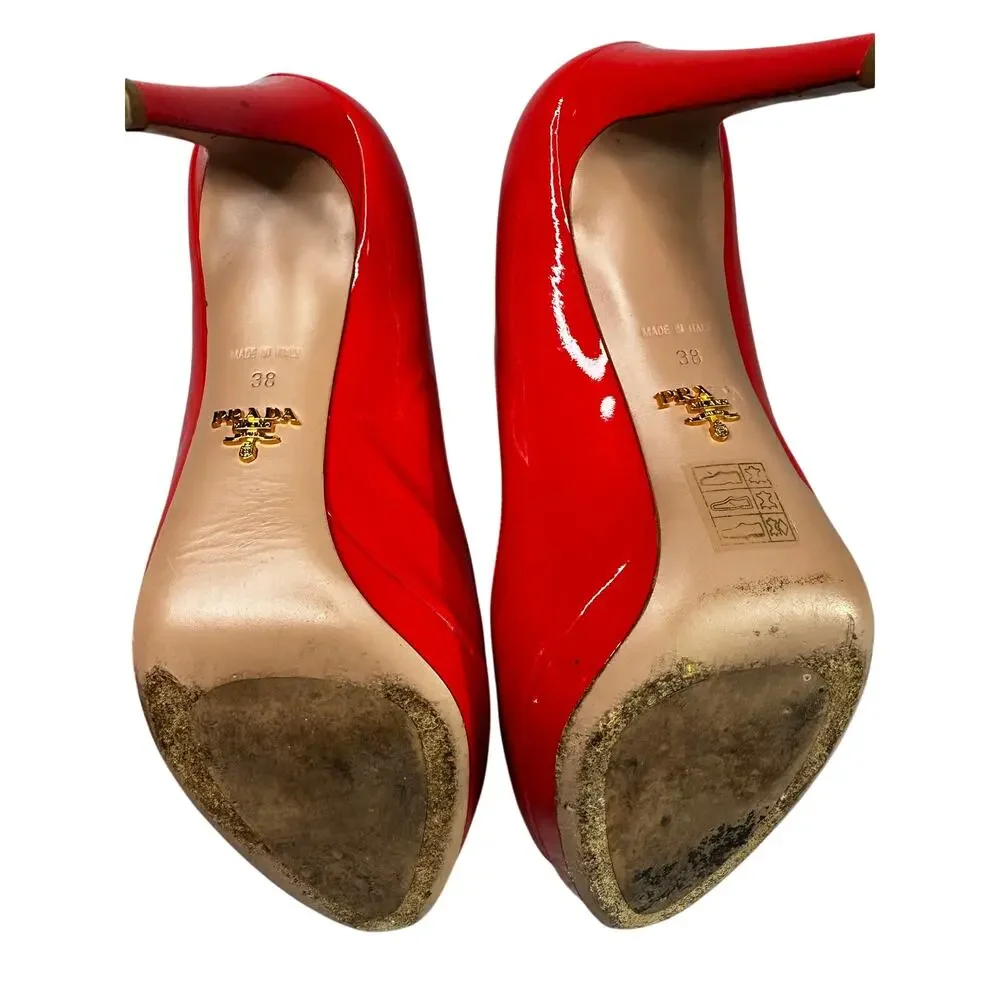 Prada Peep Toe Platform Pumps Red Patent Leather High Stiletto